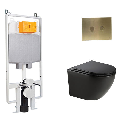 matt black wortex  toilet with cistern 1.2m slim frame and brushed brass flush plate  