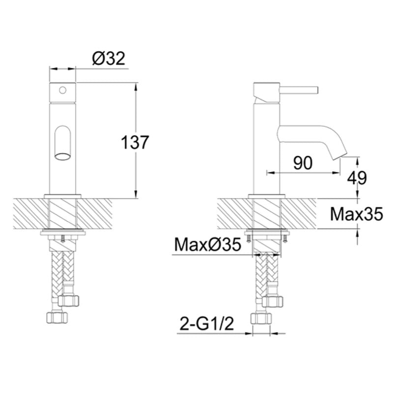 mini basin mixer tap technical drawing 