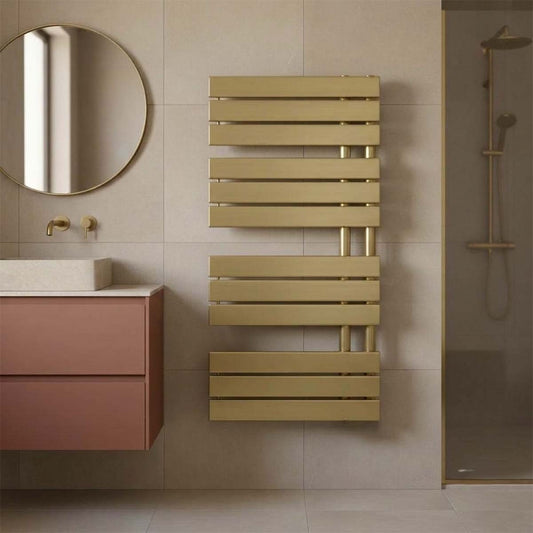 modern brushed brass heated towel rail with flat panels 