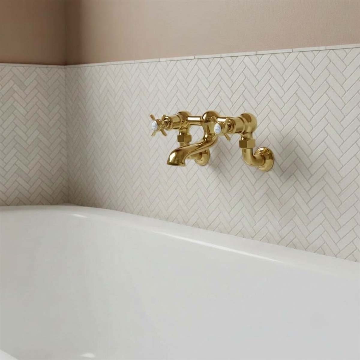 polished brass wall mounted bath tap with crosshead handles 