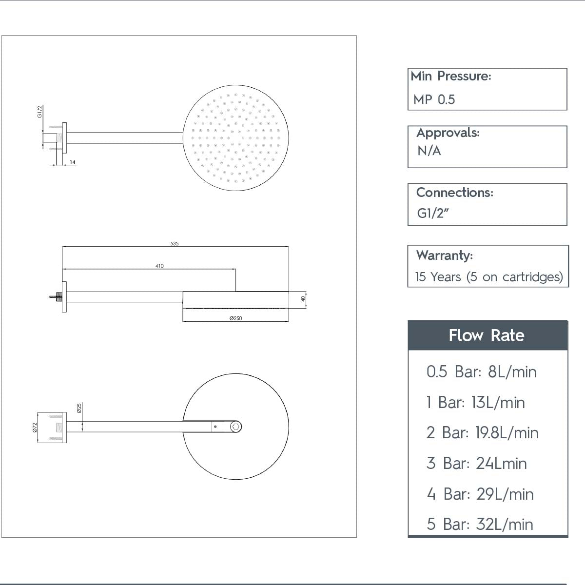 round brushed bronze shower head  250mm with 400mm shower arm set technical details