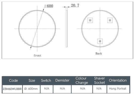 gold round bathroom mirror technical drawing