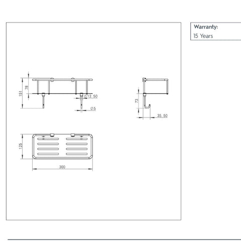 Square shower basket brushed brass - Technical drawing