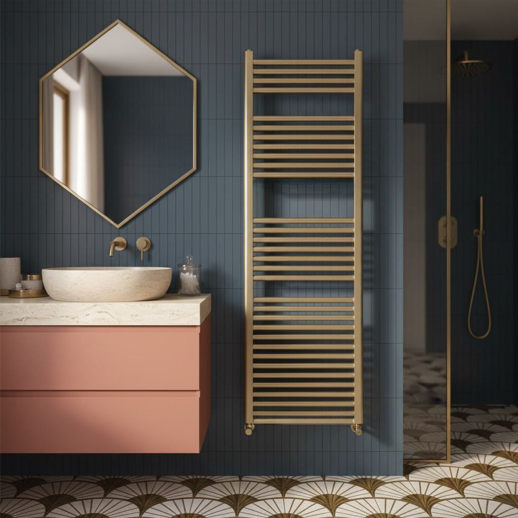 tall 1600mm brushed brass dual fuel towel rail 