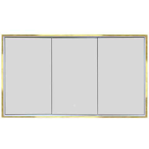 three door bathroom mirror cabinet with light, demister and wireless charger - brushed brass frame