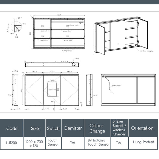 LUCA Three Doors Bathroom Mirror Cabinet with Light and Demister – 1200 x 700mm - Brushed Brass Frame