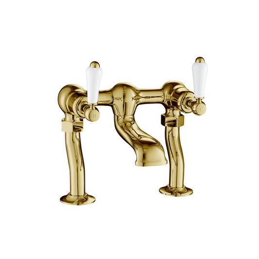 Polished Gold Traditional Bath Filler Tap with White Lever Handles