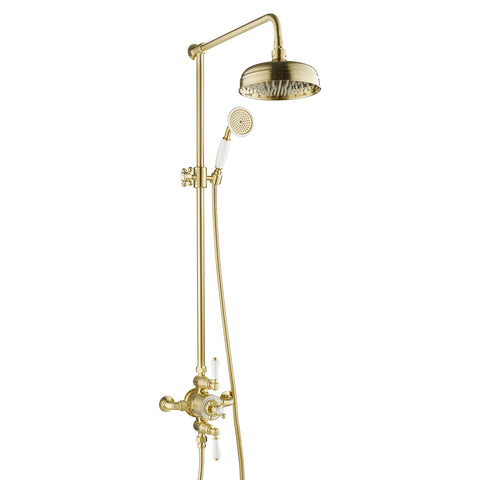 Exposed Thermostatic Valve with Riser, Fixed Shower Head and Kit - Brushed Brass