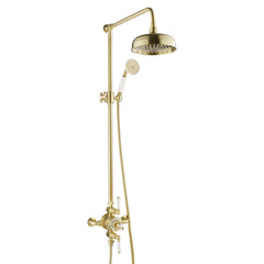 Exposed Thermostatic Valve with Riser, Fixed Shower Head and Kit - Brushed Brass