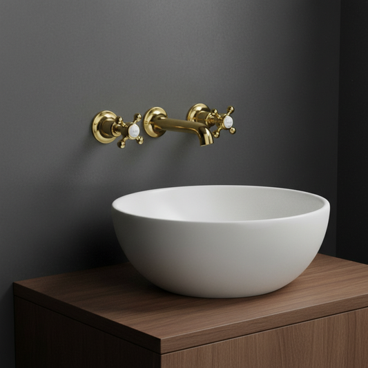 Traditional Wall-Mounted 3 Hole Basin Mixer Tap Crosshead Handles - Polished Gold