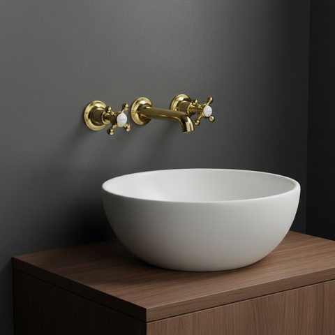 Gold traditional 3 hole basin mixer tap wall mounted 