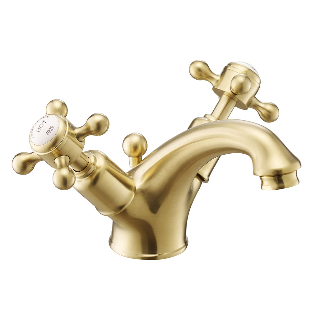 brushed brass traditional basin tap with 2 levers
