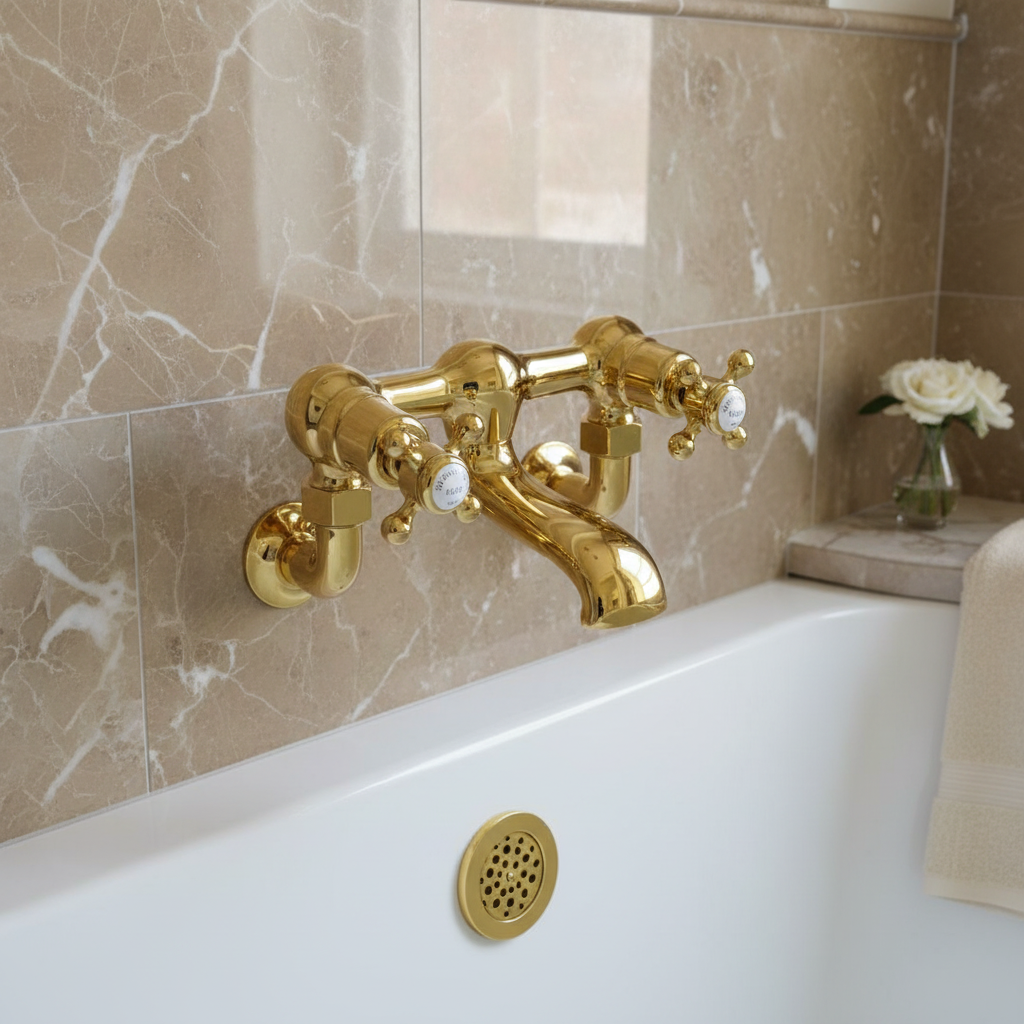 Victorian wall mounted bath filler tap polished gold