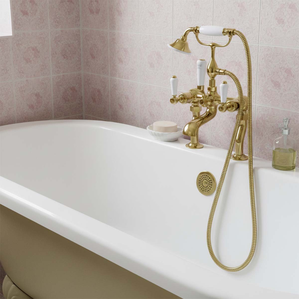 traditional deck mounted bath mixer tap with shower head - gold 