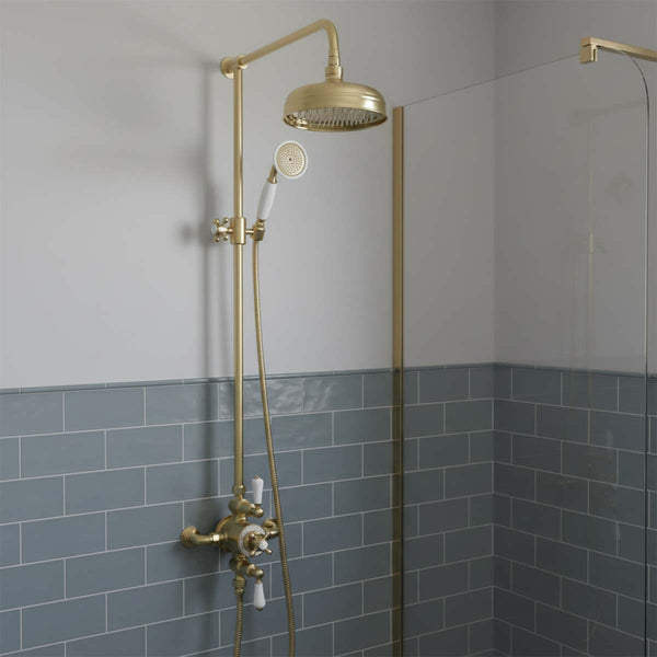 traditional exposed shower valve with fixed head and handset - brushed brass 