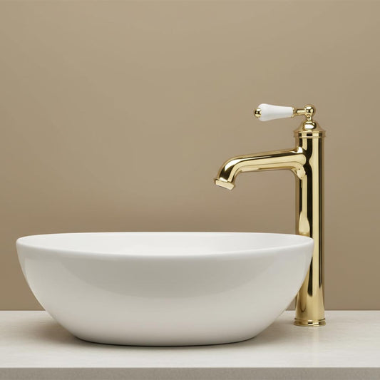 Traditional Tall Single Lever Basin Mixer Tap with Click Clack Waste - Polished Gold