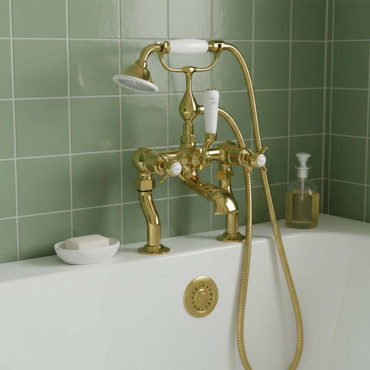 traditional two hole lever bath tap with shower attachment - gold 