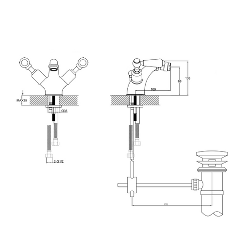 bathroom bidet mixer tap with pop up waste