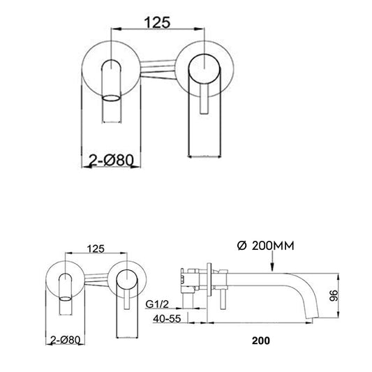 Wall Mounted 2 Hole Basin Mixer Tap with 200mm Spout - Brushed Bronze
