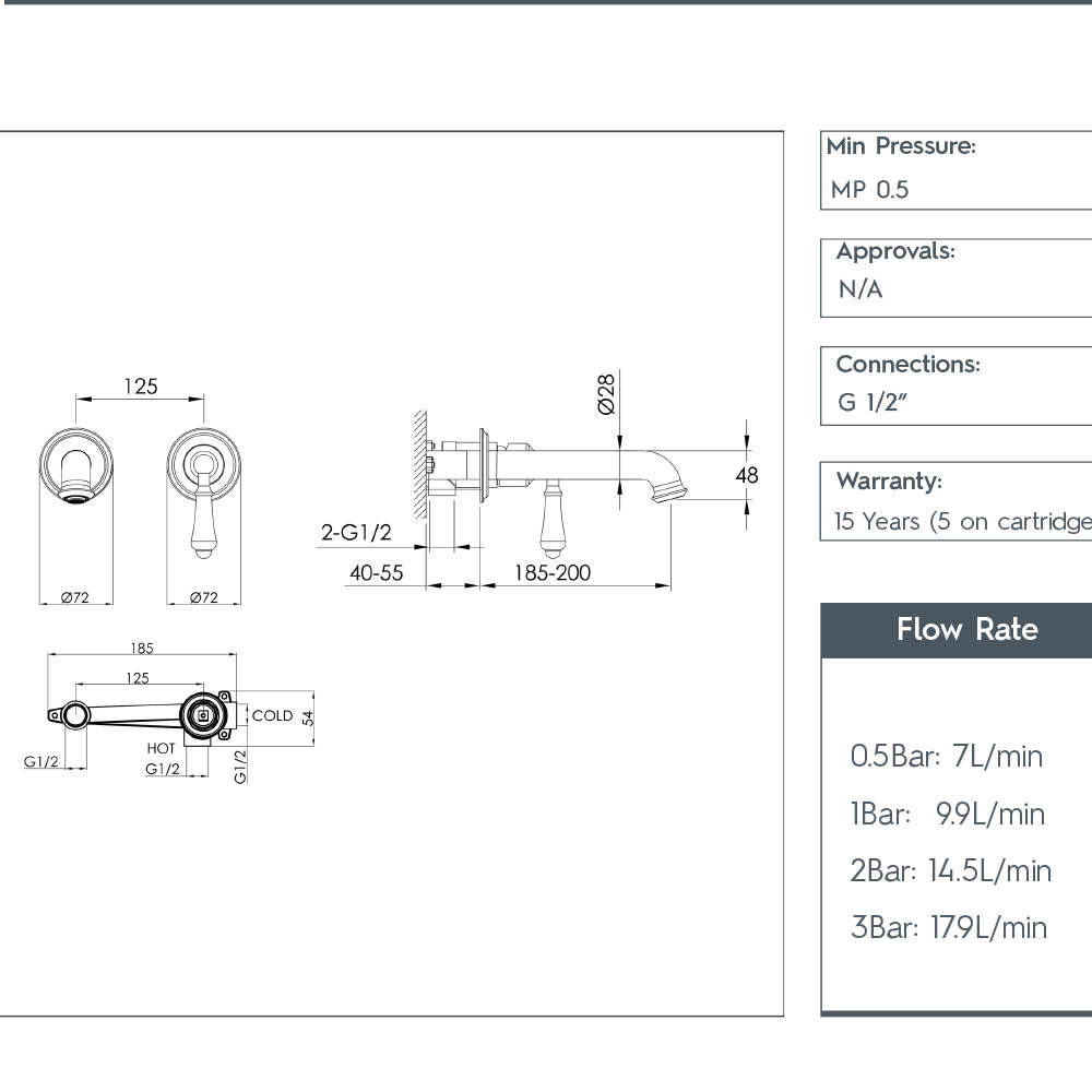 Traditional wall mounted lever basin tap - Technical drawing