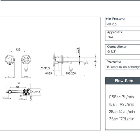 Traditional wall mounted lever basin tap - Technical drawing