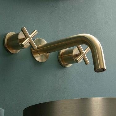 Brushed Brass Wall Mounted 3-Hole Basin Mixer Tap with Crosshead Handles