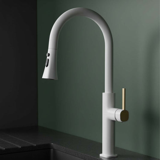 white kitchen tap with pull out spray 