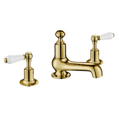 Antique Gold Deck Mounted 3 Hole Basin Mixer Tap with White Lever