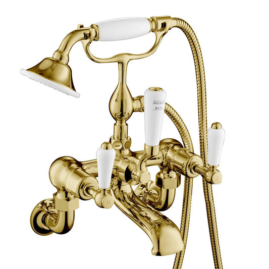 Traditional Polished Gold Bath Shower Mixer Tap with Kit - Wall Mounted